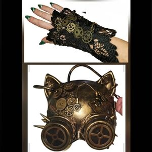 Steam Punk Bronze Cat Google Mask & Black Lace Wristlette Glove